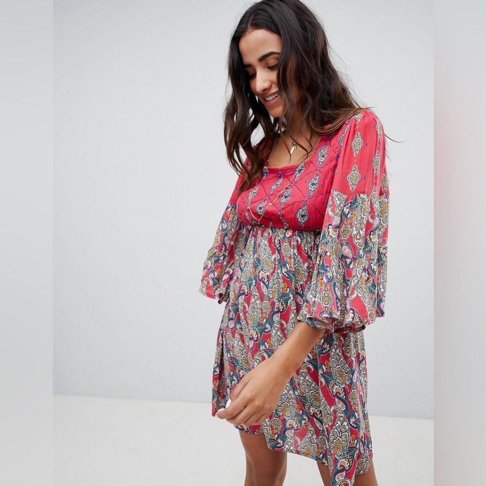 Raga Alice Embroidered Boho Floral Printed Flared Mini Dress Size XS